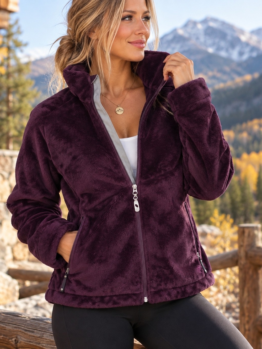 Plush Zip-Front Women's Jacket in Deep Plum